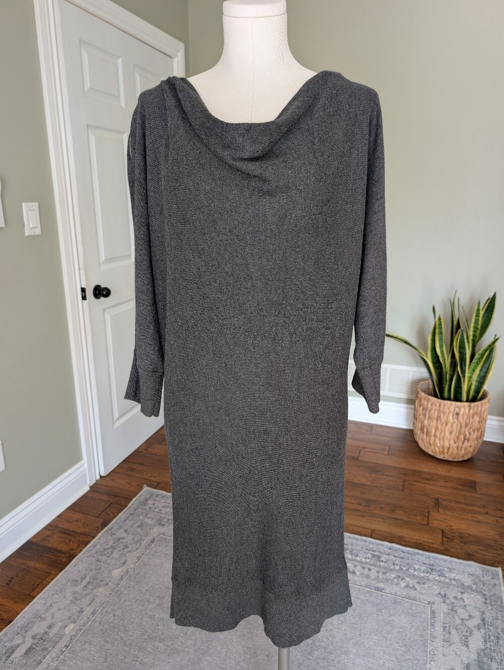 Michael Kors Dark Gray Cowl Neck Dolman Batwing Sleeve Midi Sweater Dress L